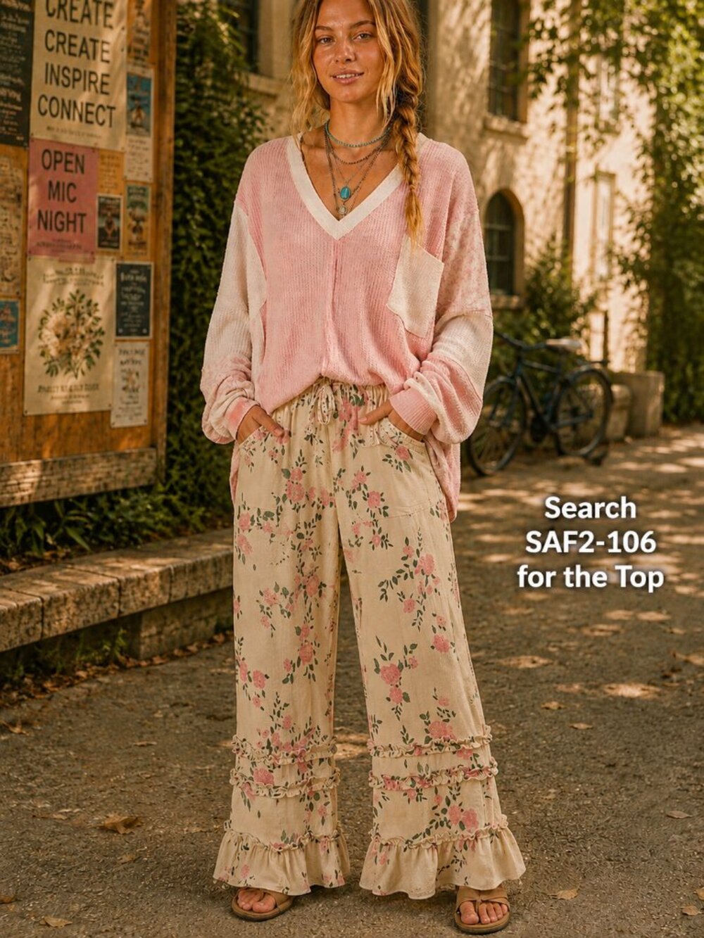 BiBi Floral Denim Ruffle Wide Leg Pants Cottagecore Boho Tiered Palazzo Pants - Picture 6 of 11